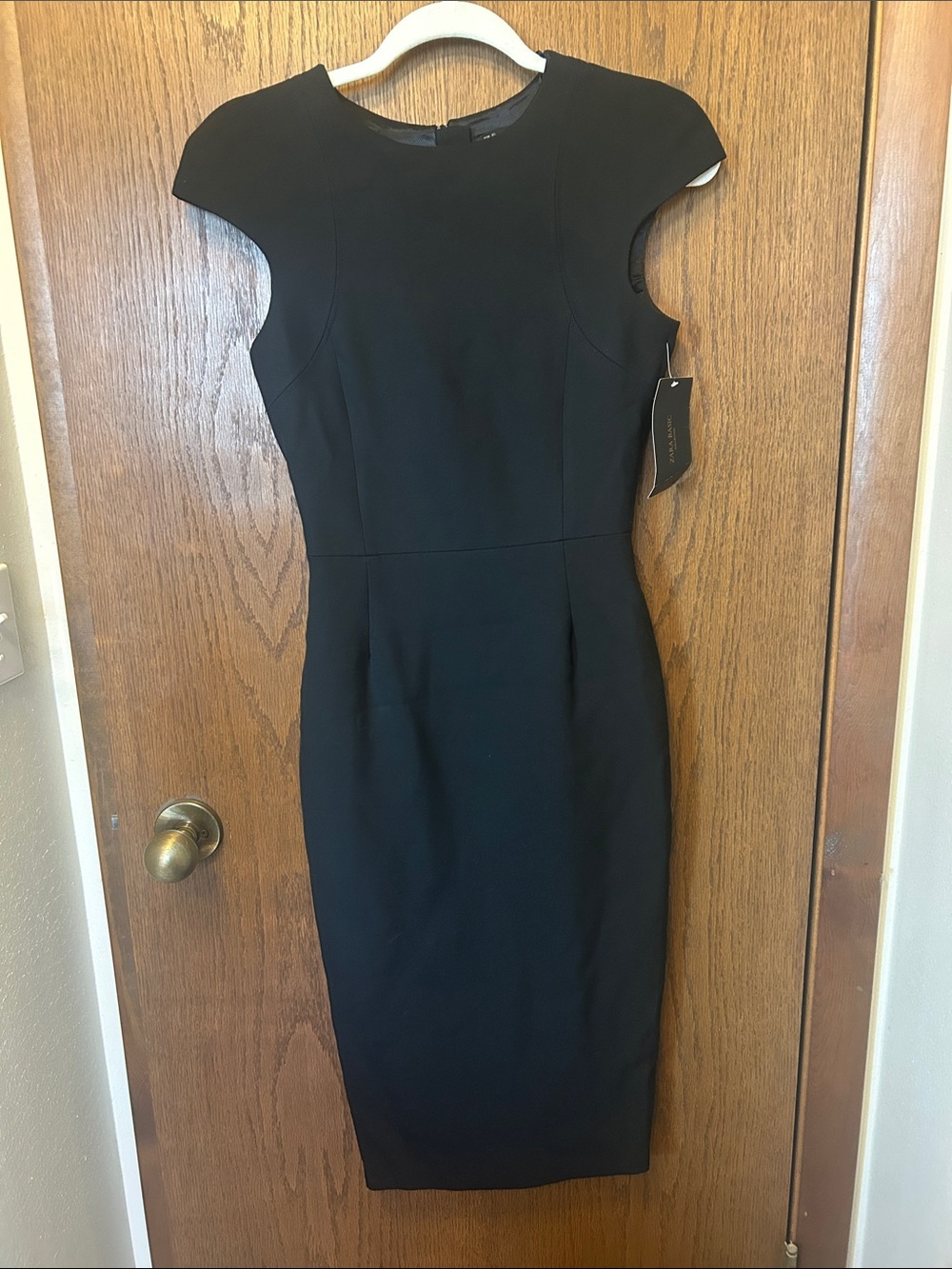 Zara Black Cap Sleeve Midi Sheath Dress